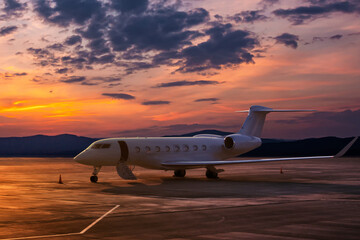 Fototapeta na wymiar Modern executive aircraft with an opened gangway at the airport apron on the background of a scenic dawn