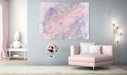  a living room with a pink chair and a painting on the wall.  generative ai
