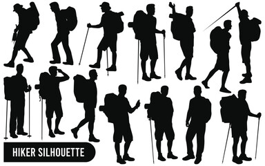 Vector collection of hiker in mountains silhouettes in different poses