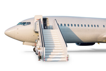 Close-up of passenger jetliner with boarding ramp isolated on white background
