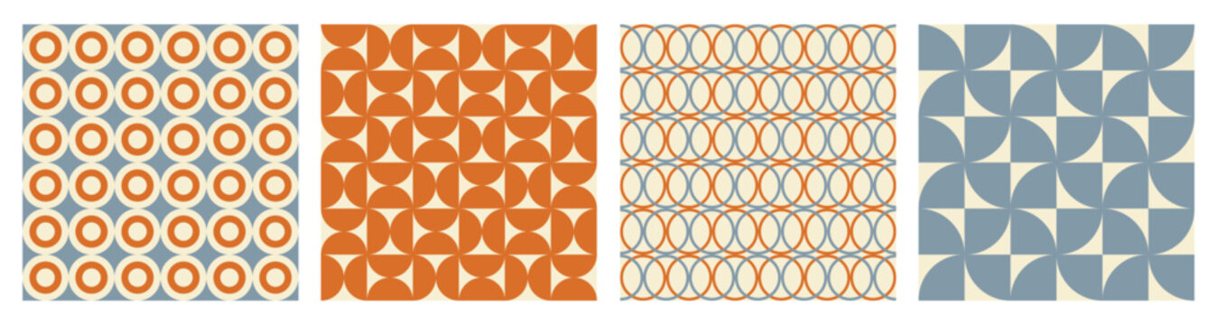 Fototapeta Trendy retro set geometric seamless patterns with colorful semicircles and circles. Modern abstract background. Orange, beige and blue colors. Vector illustration