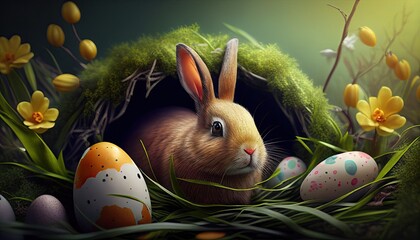 Easter holiday background. Easter eggs illustration backdrop with copy space. Generative AI