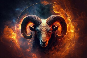 A fiery depiction of Aries against space background : emphasizing strength and courage. Generative AI
