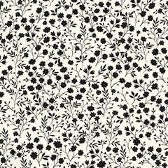 Vintage seamless tiny floral pattern. Light background with small black flowers. Design for wallpaper, clothing, packaging, fabric, cover, textiles