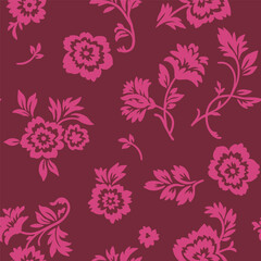 Fototapeta na wymiar Vector creative hand-drawn abstract seamless pattern of stylized mallow flowers on a dark red background.