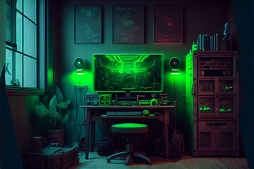 Gaming computer room with monitor and hardware and equipment coloured in green acid neon colour. Gaming room concept interior