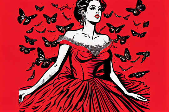 The lady in the red dress stands sideways among the butterflies.