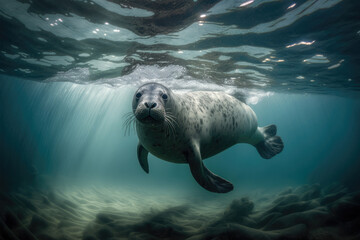 A sea lion swims underwater in a tidal lagoon, a sea lion coming to you underwater. Ai generative - obrazy, fototapety, plakaty
