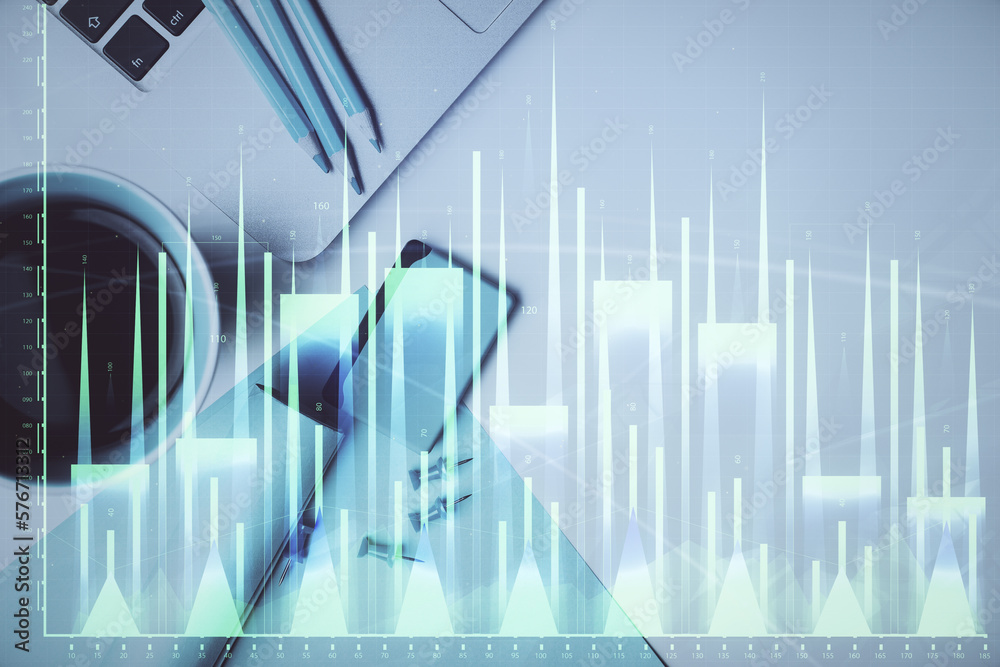 Poster Double exposure of forex graph drawing over desktop background with computer. Concept of financial analysis. Top view.