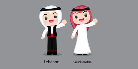 Obraz na płótnie Canvas Lebanon in national dress with a flag. man in traditional costume. Travel to Saudi arabia. People. Vector flat illustration.