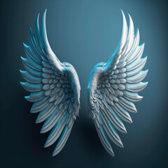 Fototapeta premium Extended white angel wings on blue background ,made with Generative AI