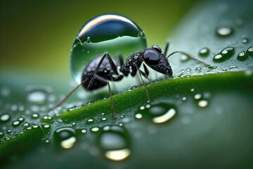 Fototapeta na wymiar Ant eats waterdrop in nature background. Macro Zoom. Generative AI