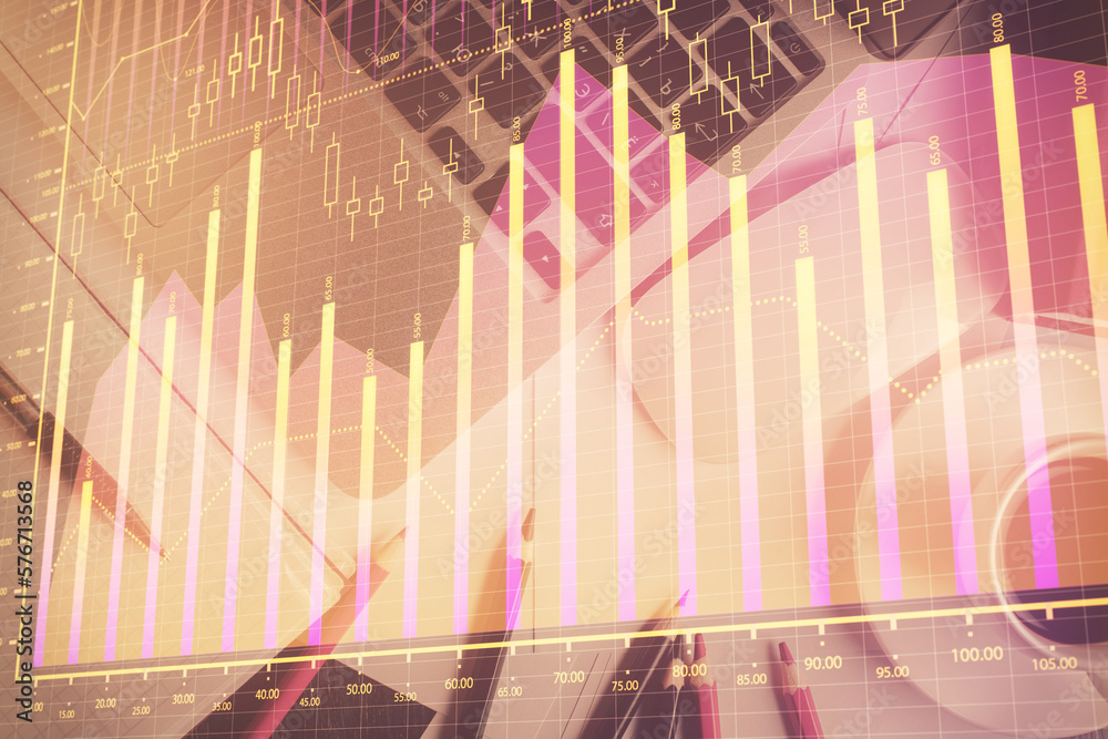 Poster Double exposure of financial chart drawing over table background with computer. Concept of research and analysis. Top view.