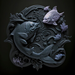 Zodiac sign of Pisces, fantasy dark fish disc ,made with Generative AI