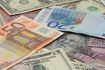 Various banknotes, paper money, business.