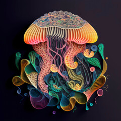 Jellyfish and algae in dark blue sea, papercut style ,made with Generative AI