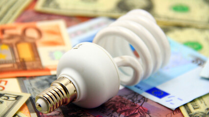 Bulb on paper money. Expensive electricity.