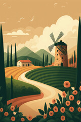 Obraz premium Italian countryside on a beautiful day, with vineyards, farms, meadows, fields, and trees in the distance, flat style ,made with Generative AI