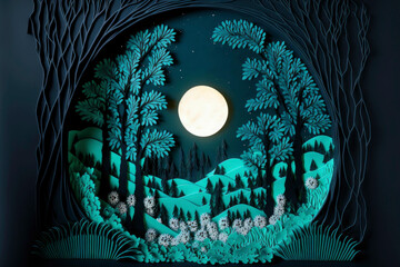 Forest at night with moon background in paper cut art style ,made with Generative AI