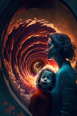 A scared child with his mother near a time vortex ,made with Generative AI