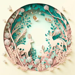 Paper cut of a lovely easter scene with bunnies, rabbits ,made with Generative AI