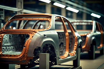Obraz premium Vehicle shells moving along a production line in a newer model vehicle ,made with Generative AI