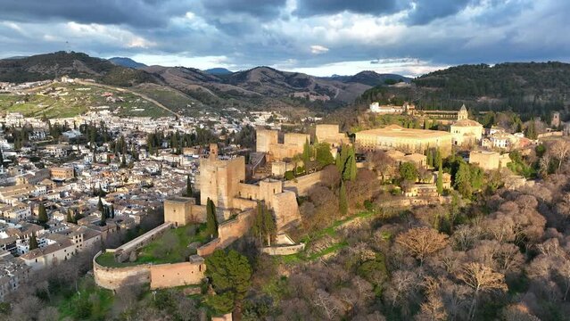 Aerial footage of the Alhambra palace and fortress in Granada, Andalusia, in Spain.