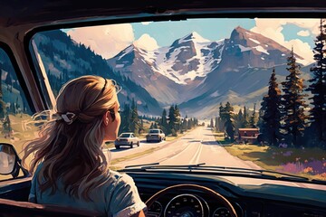 a girl with blonde hair who is moving from the inside of the windshield in the middle of the road, generative ai