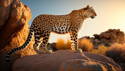 Fototapeta premium leopard in the rock, side view, golden hour