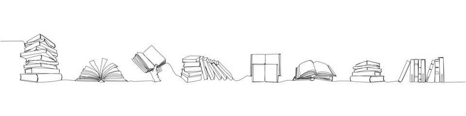 A set of several books of different sizes, angles one line art. Continuous line drawing of book, library, education, school, study, literature, knowledge, read, learn page reading