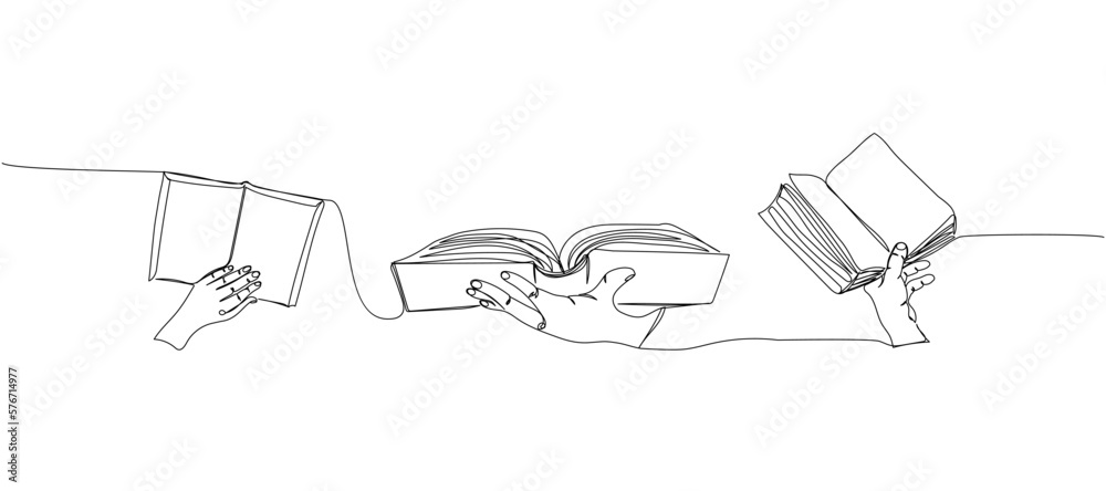 Wall mural set of books in hands one line art. continuous line drawing of book, library, education, school, stu