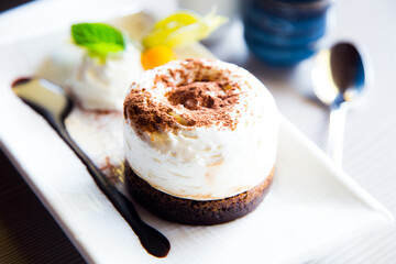 Chocolate mousse is a dessert of French origin, whose base is egg white mounted until stiff, or whipped milk cream, which give it a spongy consistency.