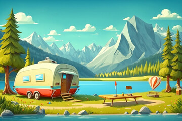 Vector cartoon style illustration of a caravan at a summer camp site by the lake - AI generative - obrazy, fototapety, plakaty