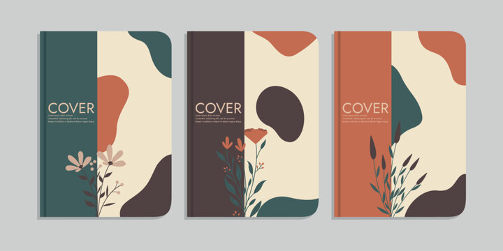 set of book cover designs with hand drawn floral decorations. abstract retro botanical background.size A4 For notebook, invitation, card, diary, planner, brochure, book, catalog © ArtThree