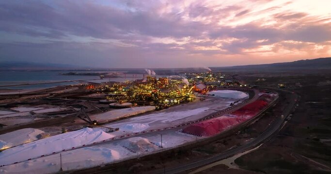 Aerial footage of the Dead Sea factories near the mountains of Sodom and the Amiaz plain in the south of the Dead Sea. Filmed in C4K Apple ProRes 422 HQ