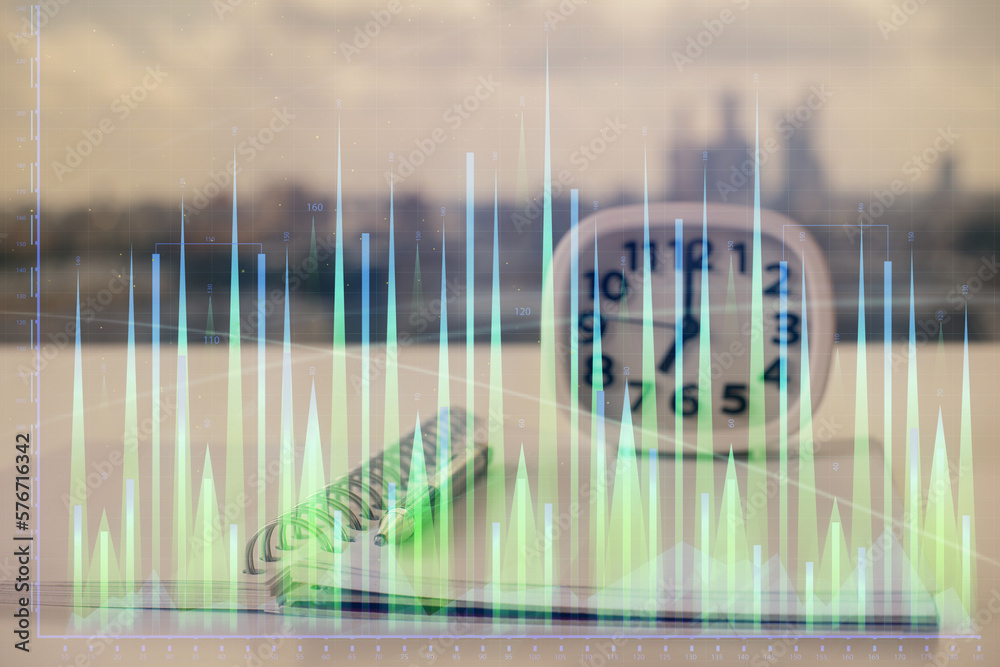 Poster Multi exposure of financial graph drawings and desk with open notebook background. Concept of forex
