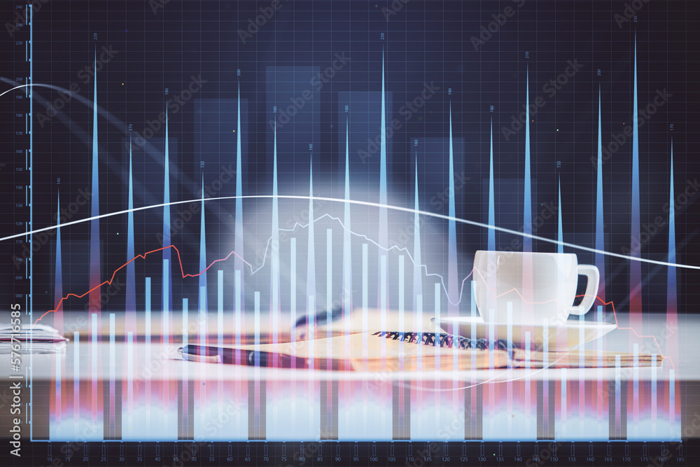 Poster Multi exposure of forex graph drawing and desktop with coffee and items on table background. Concept of financial market trading