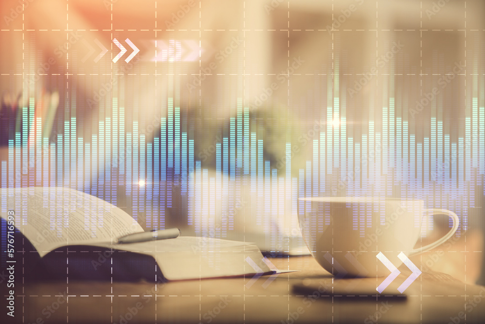 Aufkleber multi exposure of forex graph drawing and desktop with coffee and items on table background. concept