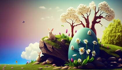 Easter holiday background. Easter eggs illustration backdrop with copy space. Generative AI