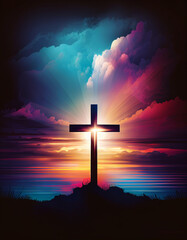 Fototapeta premium Good Friday, Easter, Crucifixion and Resurrection Concept.Jesus rose from the dead,empty cross.Colorful sky,sunrise,sunset,sunbeam with colorful rays of ligh background,graphics,illustrations Images.