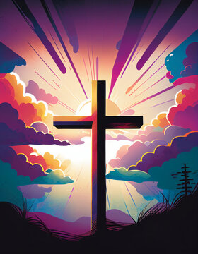 Good Friday, Easter, Crucifixion and Resurrection Concept.Jesus rose from the dead,empty cross.Colorful sky,sunrise,sunset,sunbeam with colorful rays of ligh background,graphics,illustrations  Images.