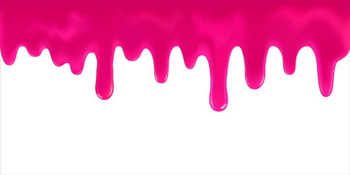 Pink icing or syrup drip. Seamless dripping sweet raspberry jam. Melted strawberry splash. Realistic leaking sauce dripping. Paint or varnish of rich pink color, isolated on white back., copy space