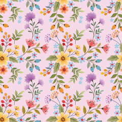 Fototapeta na wymiar Cute and sweet color flowers seamless pattern. Can be used for fabric textile wallpaper wrap paper.