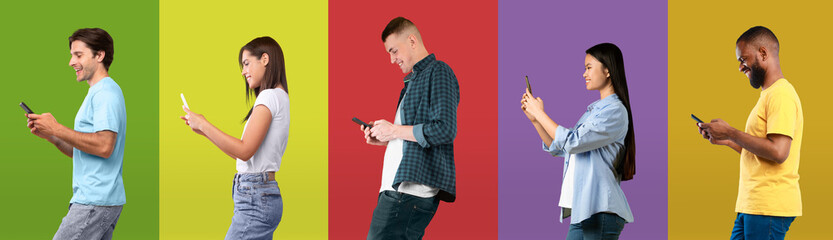 Creative Banner With Diverse Multiethnic People Texting On Smartphone Over Colorful Backgrounds