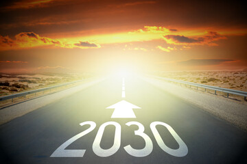 2030 - empty road on a desert and sunset sky - obrazy, fototapety, plakaty