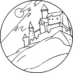 Landscape with ancient castle on the rocks at night with the moon inside the circle on white background