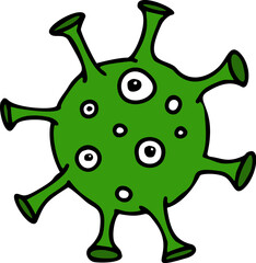 Landscape with drawn colored virus with many eyes inside the circle on white background