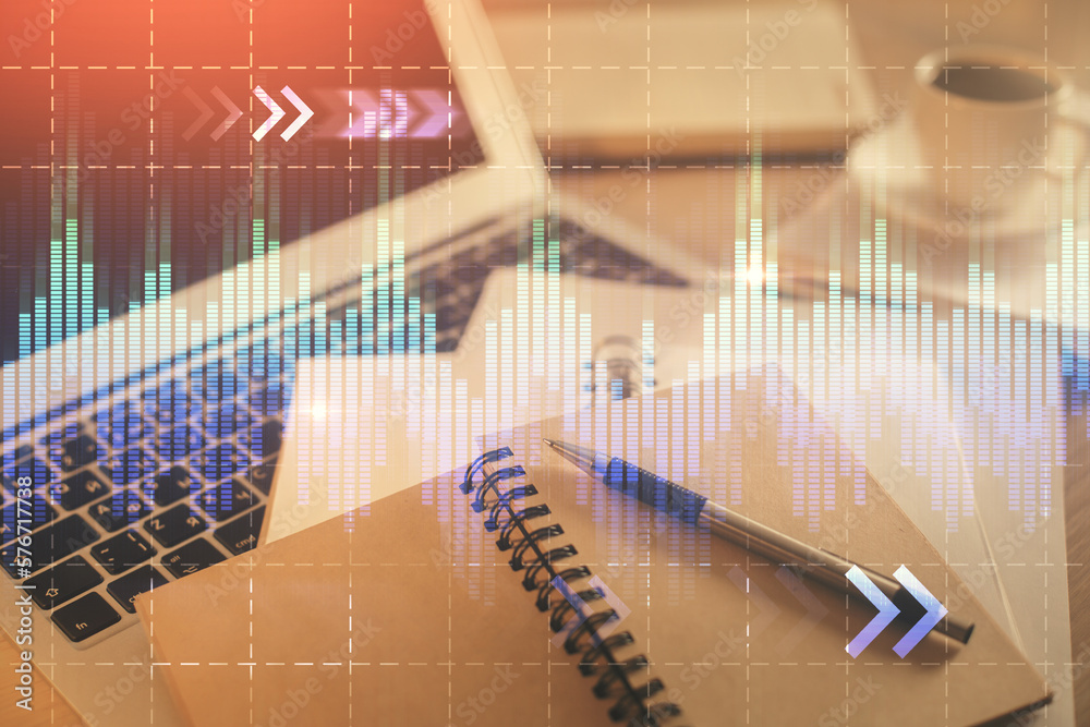 Poster double exposure of financial chart drawing and desktop with coffee and items on table background. co