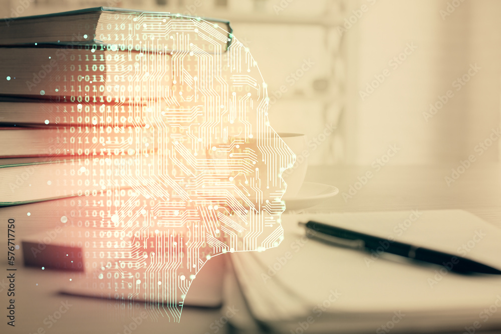 Poster double exposure of brain drawing and desktop with coffee and items on table background. concept of r