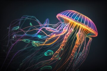 Glowing jellyfish swim deep in dark sea, generative ai